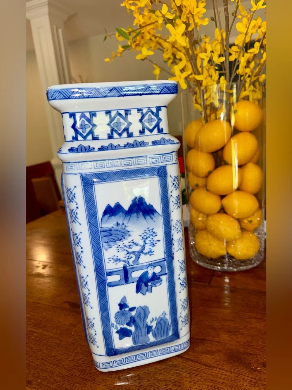 Vintage Chinoiserie Blue White Tall Vase Original Bombay Co Tag MINT Qianlong